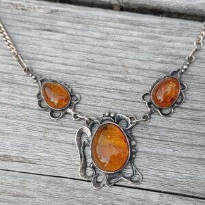 UNIQUE Vintage Baltic Amber Necklace Set in Silver Marked 925